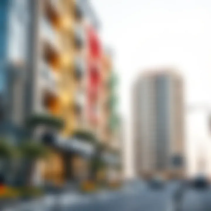 A vibrant street view of Al Quoz showcasing modern apartment buildings