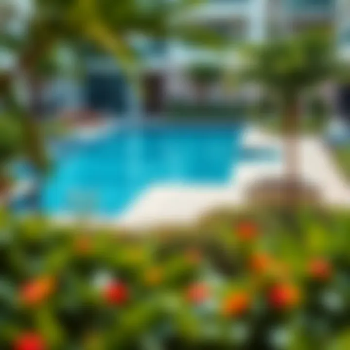 Serene swimming pool area surrounded by greenery