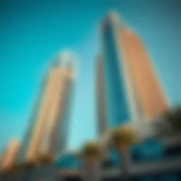 Stunning view of Bloom Towers against a clear blue sky