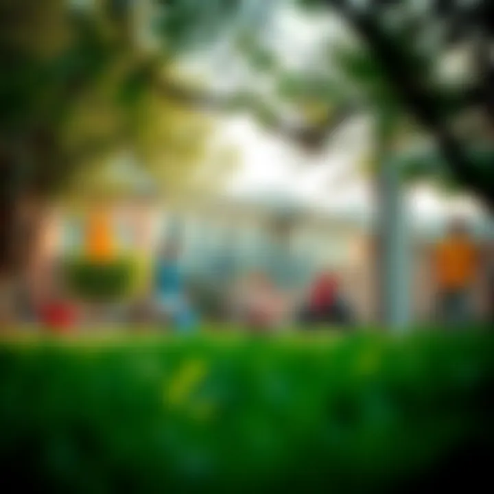 Vibrant neighborhood with community amenities and lush greenery