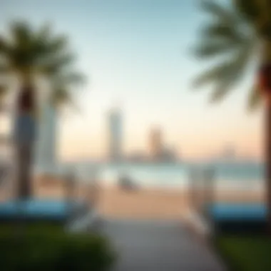 Serene beach view with the city skyline in the background