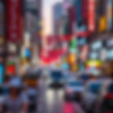 Vibrant city life captured from a bustling street viewpoint