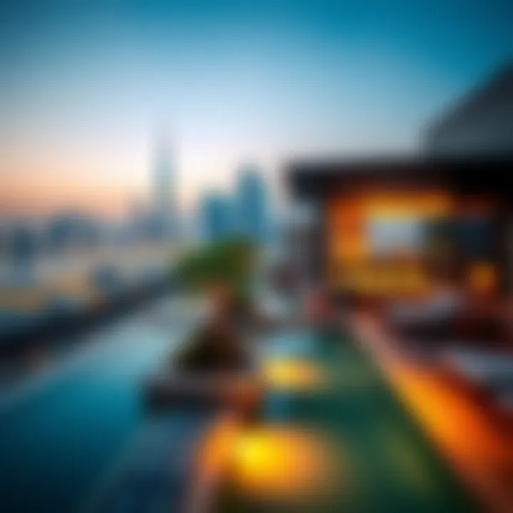 Impressive rooftop pool area with stunning city skyline views