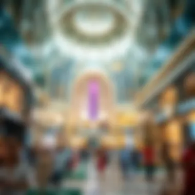 A vibrant scene inside Dubai Mall filled with shoppers and luxury stores.