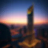 A breathtaking view of Hessa Tower illuminated at dusk with the Dubai skyline in the background.