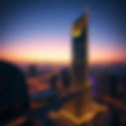 A breathtaking view of Hessa Tower illuminated at dusk with the Dubai skyline in the background.