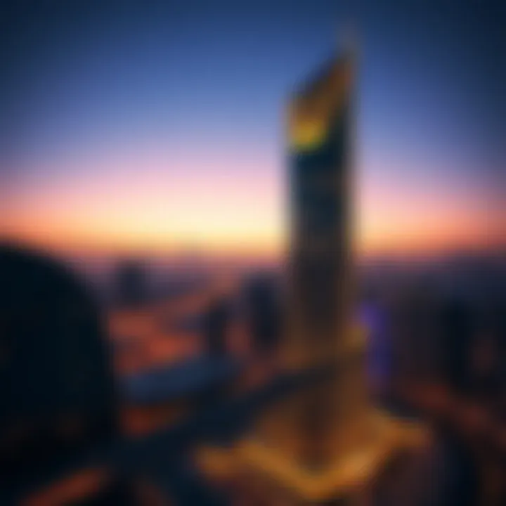 Hessa Tower at Dusk: A Glimpse of Brilliance A breathtaking view of Hessa Tower illuminated at dusk with the Dubai skyline in the background.