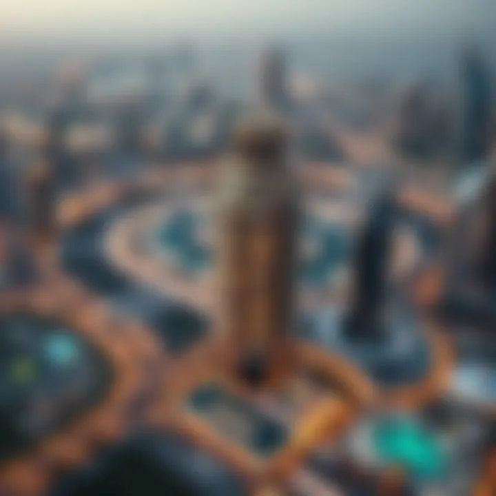 Aerial view demonstrating Nad al Hamar Building's placement in the Dubai skyline