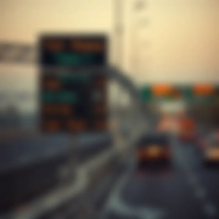 Signage indicating toll rates and payment methods on a Dubai highway
