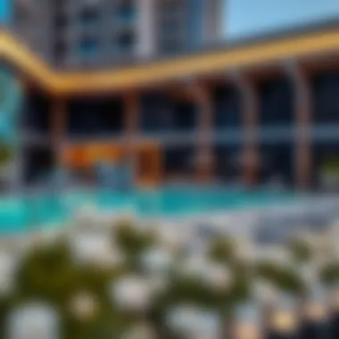 Overview of amenities including pool and gym at the Pearl Marina