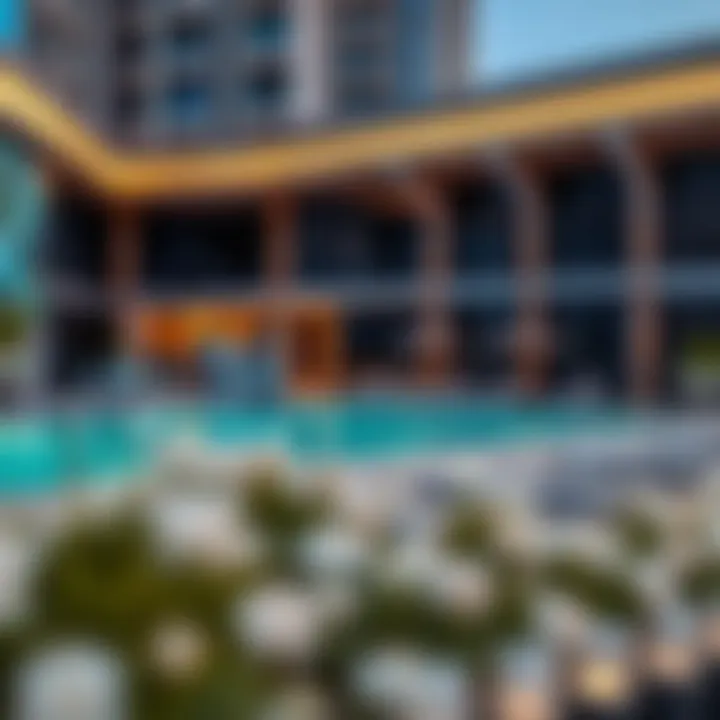 Overview of amenities including pool and gym at the Pearl Marina