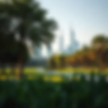 Lush green park overlooking a modern Dubai skyline