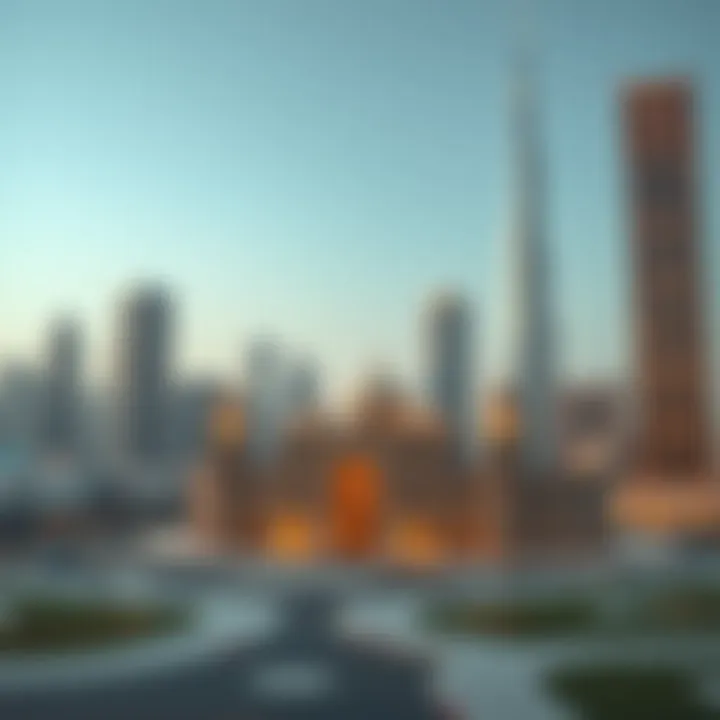An artistic representation of Bayt Al Muteena surrounded by the modern skyline of Dubai.