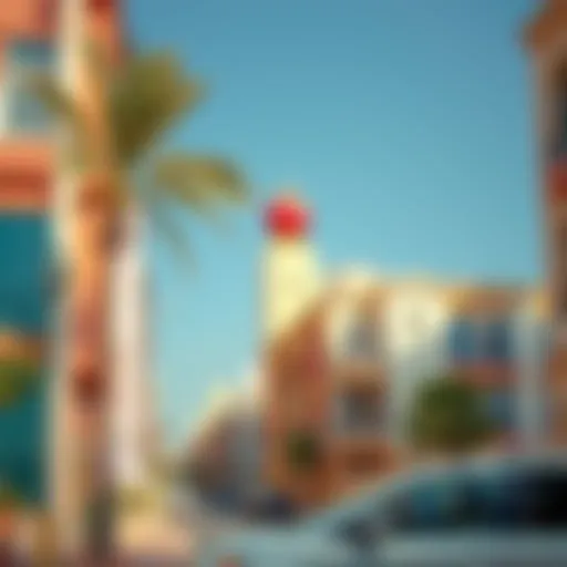 A vibrant street view showcasing the architectural diversity in Abu Hail.