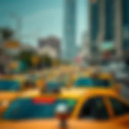 A bustling Dubai street showcasing taxis in action